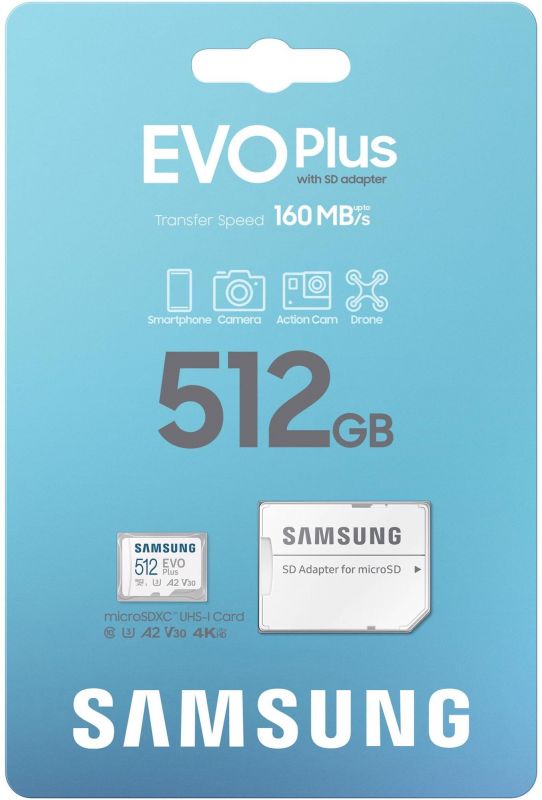 Карта пам`яті MicroSDXC  512GB UHS-I/U3 Class 10 Samsung Evo Plus R160MB/s + SD-адаптер (MB-MC512SA/EU)