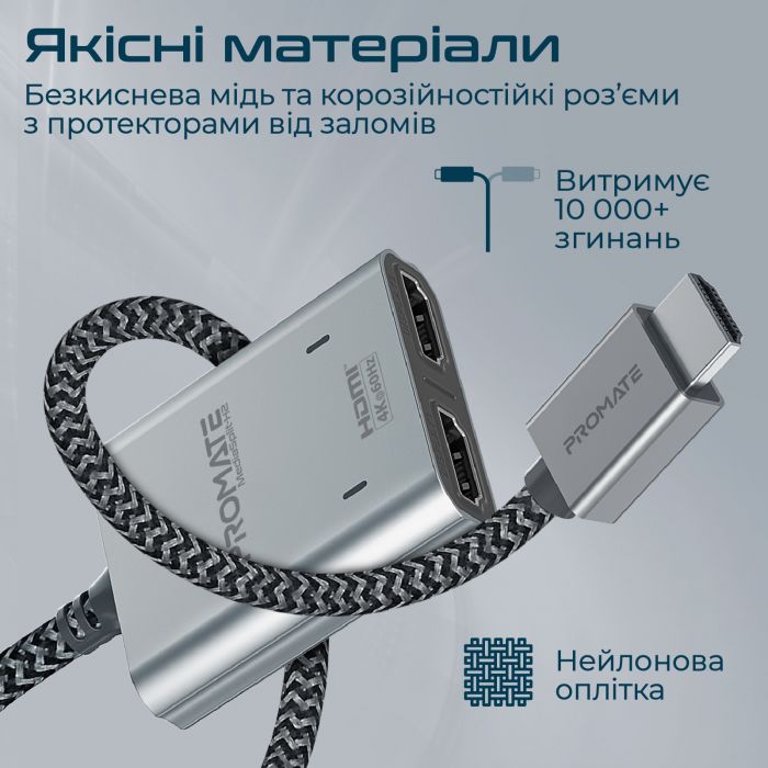 Адаптер Promate HDMI - 2xHDMI (M/F) 1 м Black (mediasplit-h2.black)