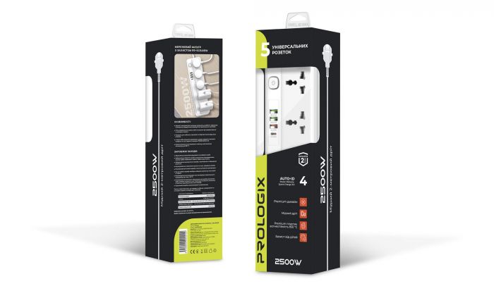 Фільтр живлення ProLogix Premium (PR-SC5415W) 5 розеток, 4 USB (1 PD +1 QC3.0 +2 AUTO ID), 2 м, білий