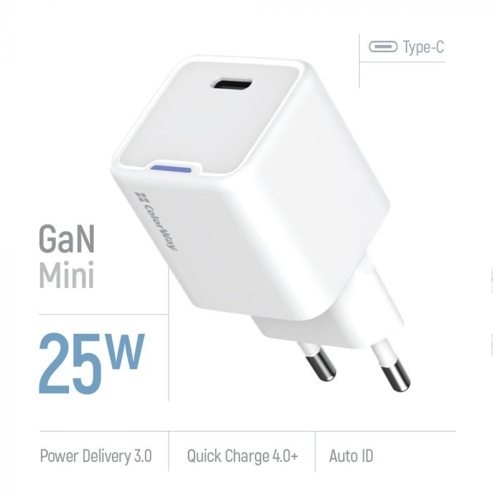 Мережевий зарядний пристрій ColorWay GaN Mini 25W PD Port PPS USB-C White (CW-CHS052PD-WT)