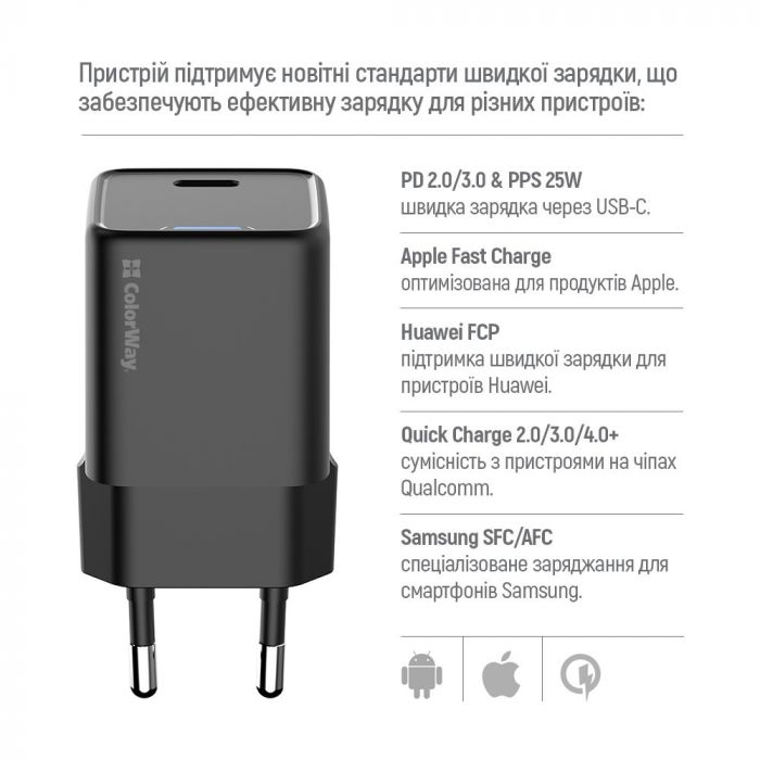 Мережевий зарядний пристрій ColorWay GaN Mini 25W PD Port PPS USB-C Black (CW-CHS052PD-BK)