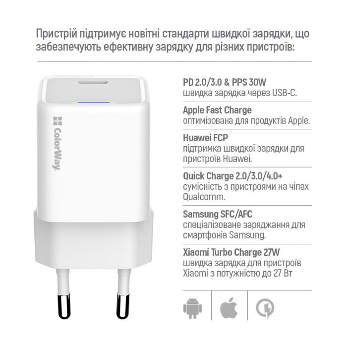 Мережевий зарядний пристрій ColorWay GaN Mini 30W PD Port PPS USB-C White (CW-CHS054PD-WT)