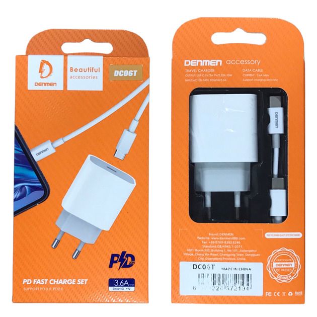 Мережевий зарядний пристрій Denmen DC06 (1USB 3.6A) PD20W+QC3.0 White (DM-DC06T-WH) + кабель USB Type-C