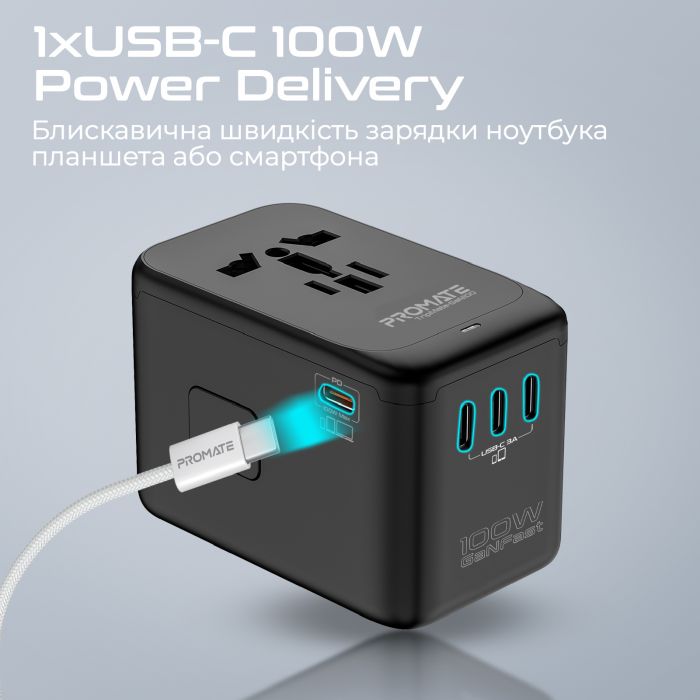 Зарядний пристрій Promate TripMate-GaN100 100W Black