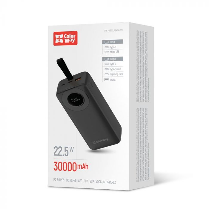 Універсальна мобільна батарея ColorWay EnergyPlus 30000mAh Black (CW-PB300LPB4BK-PDD)